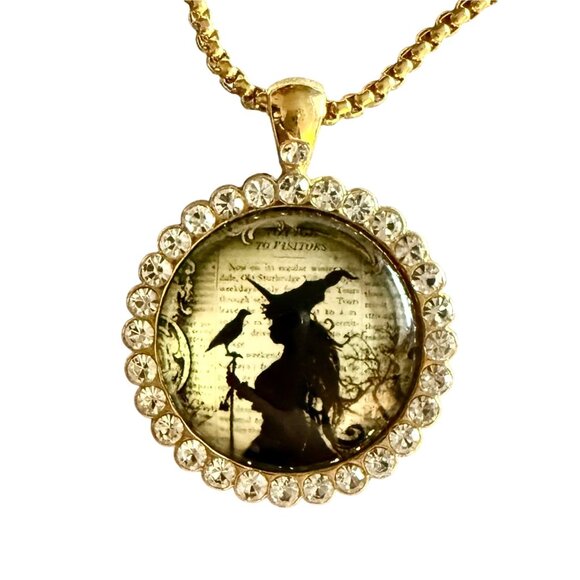 Wicked Witch Necklace 22in Gold Plated Silhouette Pendant Rhinestone Halo - Picture 9 of 11